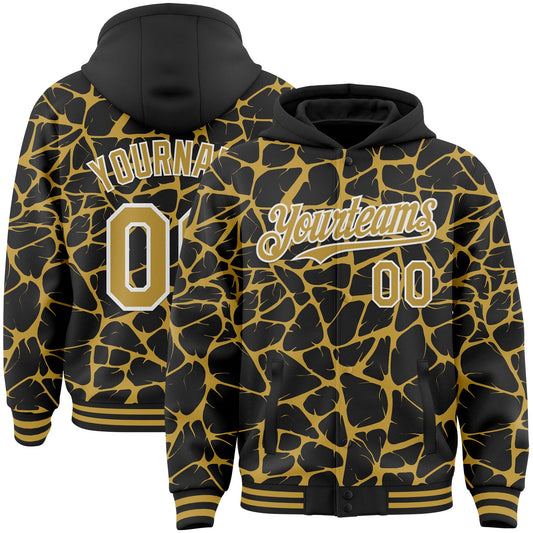 Custom Black Old Gold-White Abstract Network Bomber Full-Snap Varsity Letterman Hoodie Jacket - Main View