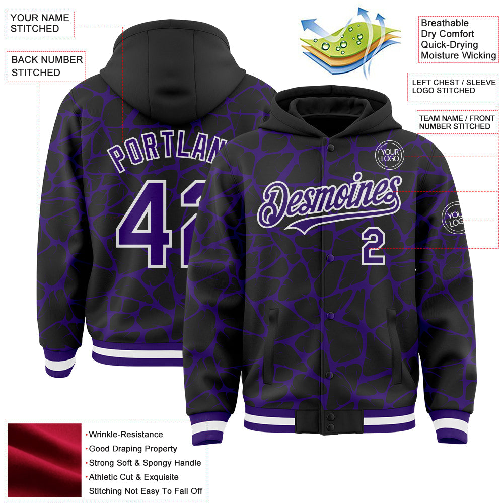 Custom Black Purple-White Abstract Network Bomber Full-Snap Varsity Letterman Hoodie Jacket view 4