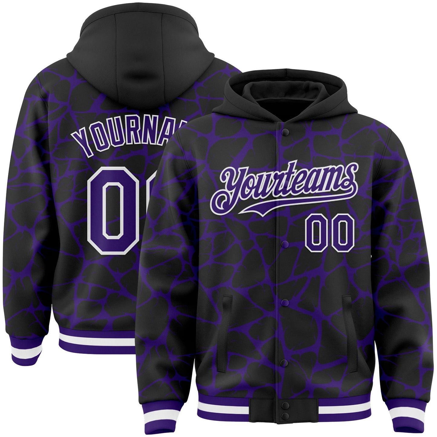 Custom Black Purple-White Abstract Network Bomber Full-Snap Varsity Letterman Hoodie Jacket - Main View