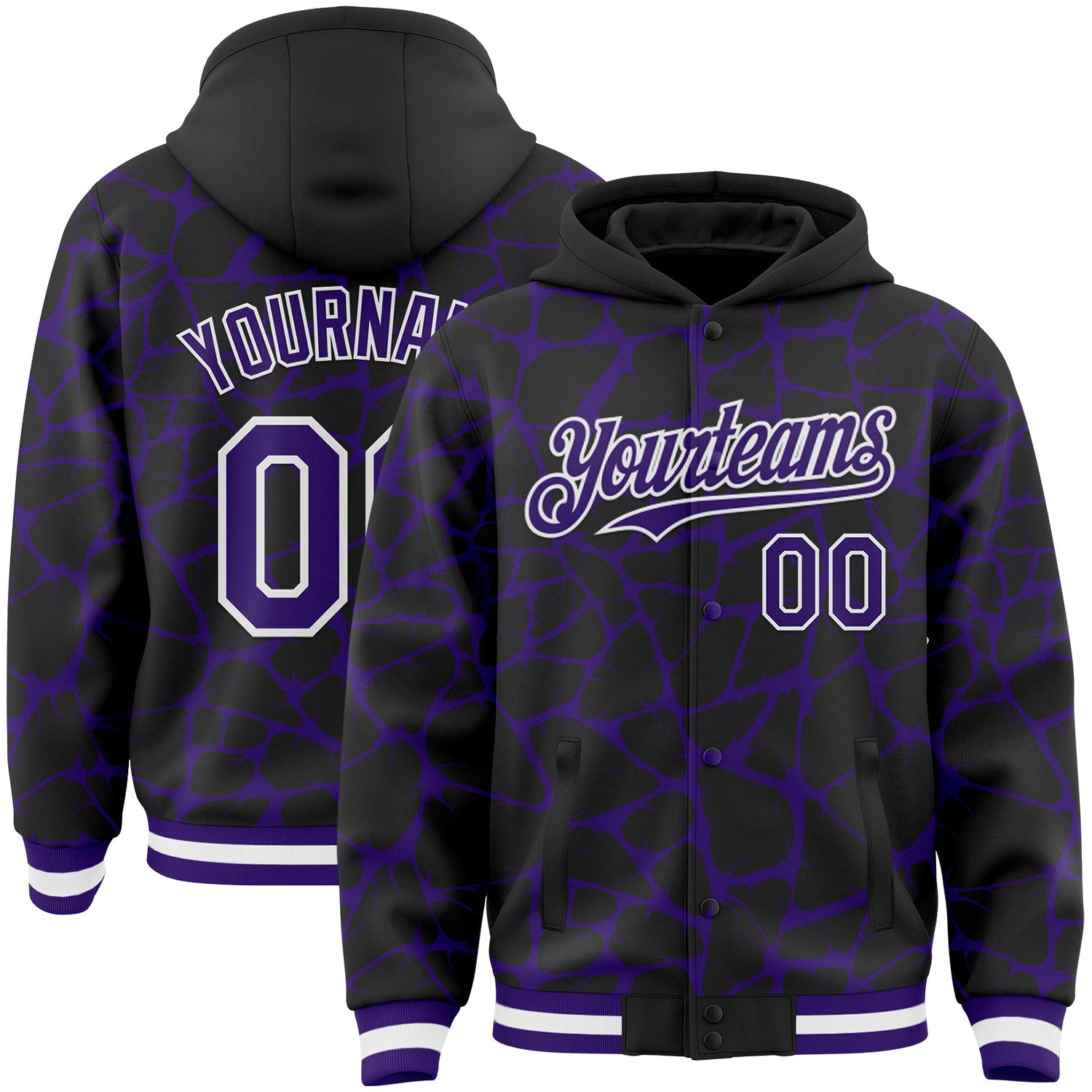 Custom Black Purple-White Abstract Network Bomber Full-Snap Varsity Letterman Hoodie Jacket - Main View