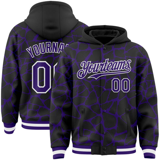 Custom Black Purple-White Abstract Network Bomber Full-Snap Varsity Letterman Hoodie Jacket - Main View