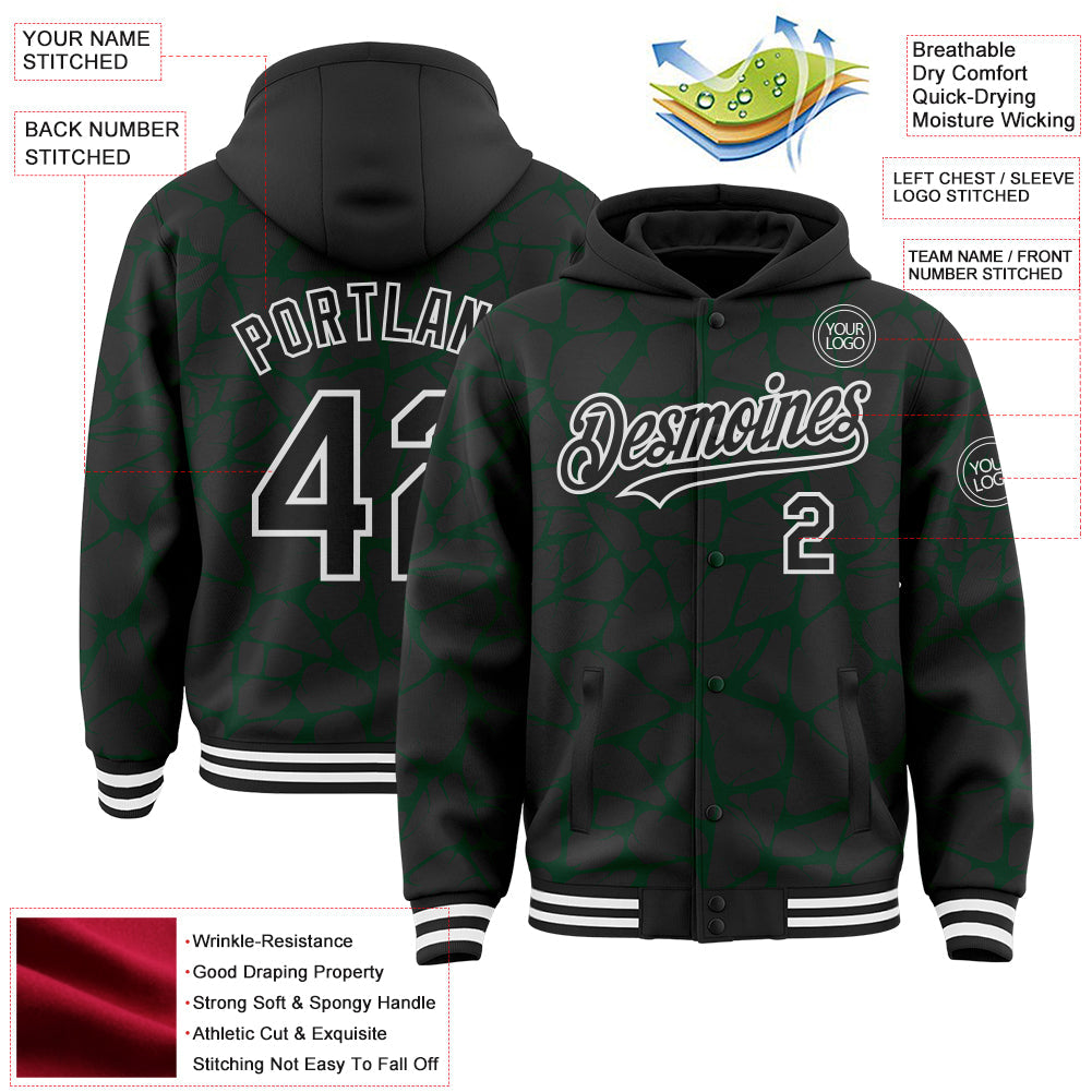 Custom Black Green-White Abstract Network Bomber Full-Snap Varsity Letterman Hoodie Jacket view 4