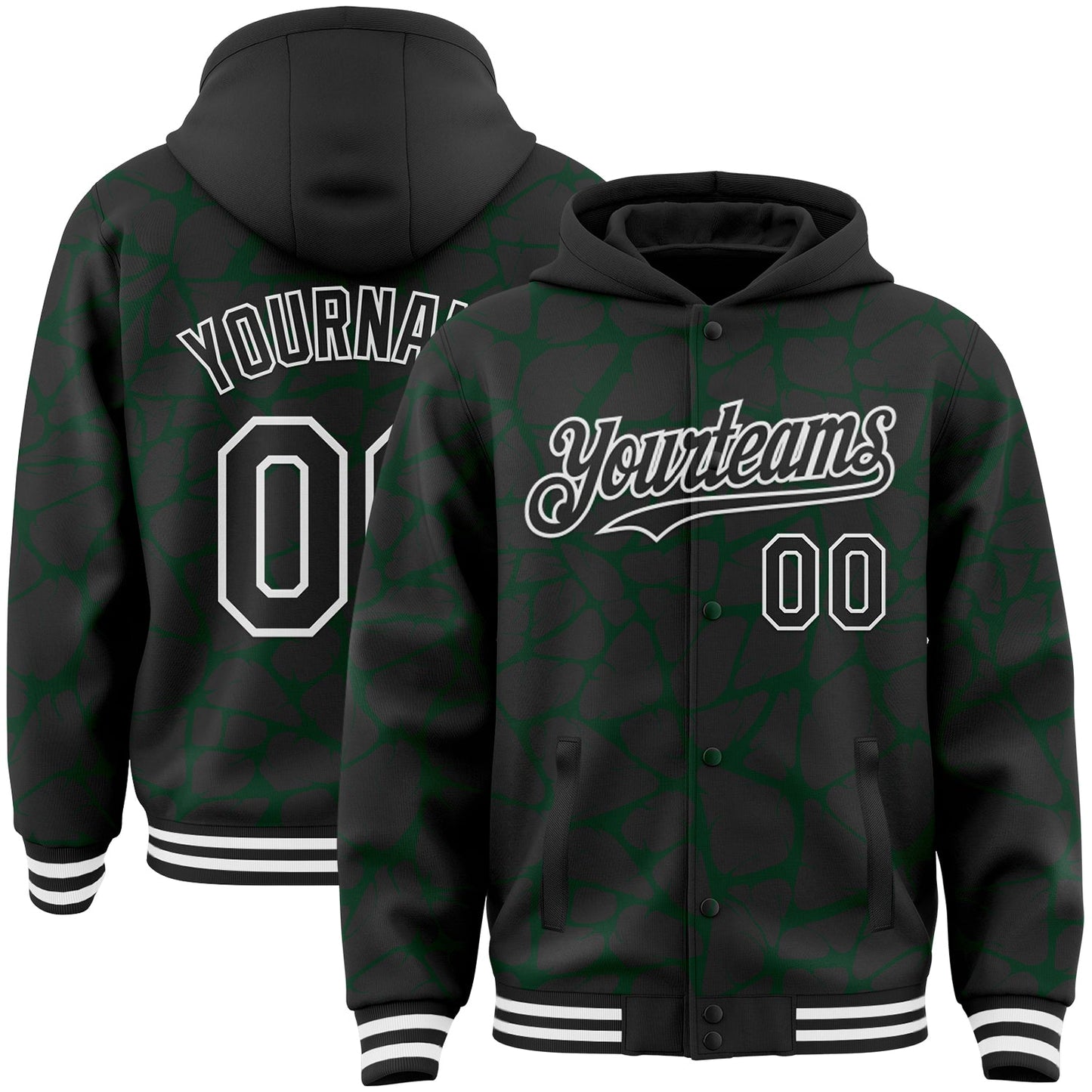 Custom Black Green-White Abstract Network Bomber Full-Snap Varsity Letterman Hoodie Jacket - Main View