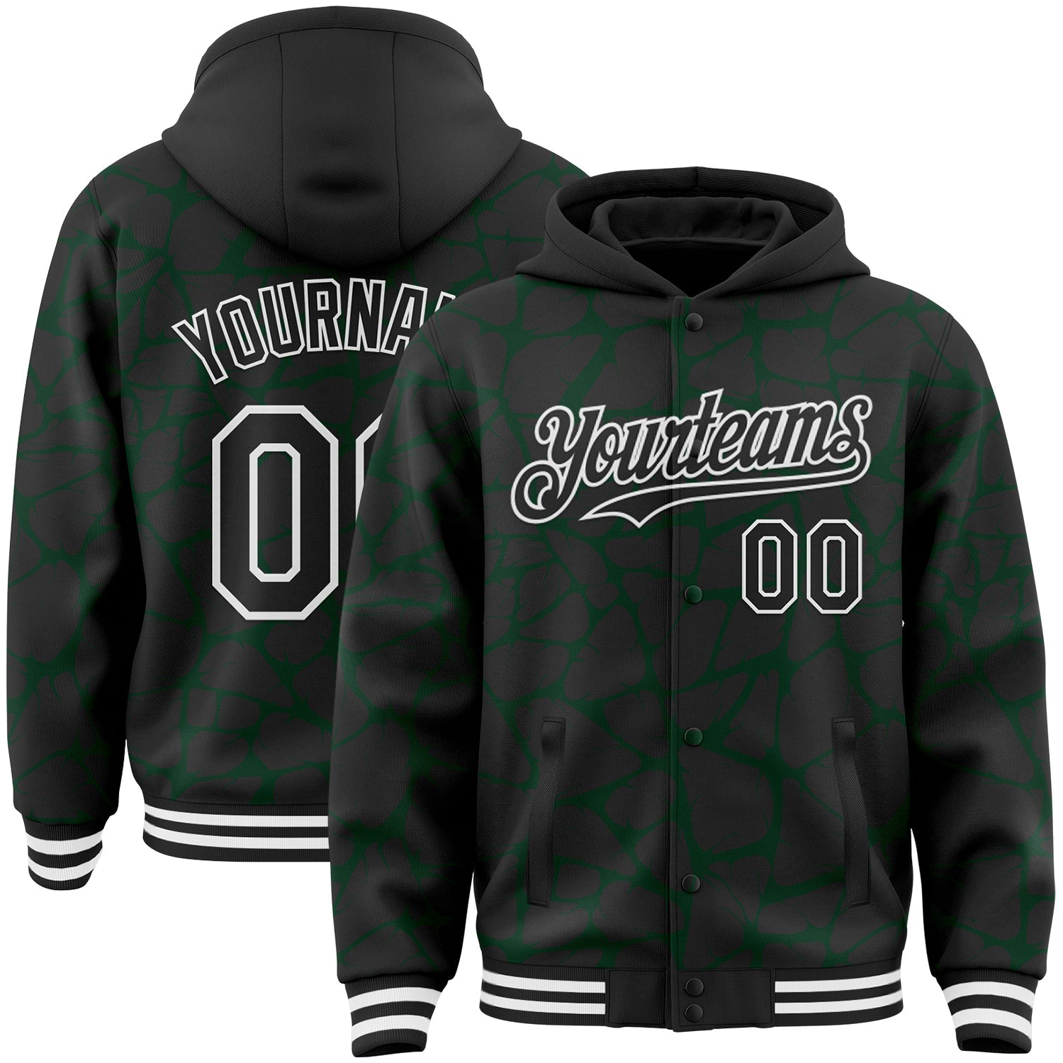 Custom Black Green-White Abstract Network Bomber Full-Snap Varsity Letterman Hoodie Jacket - Main View