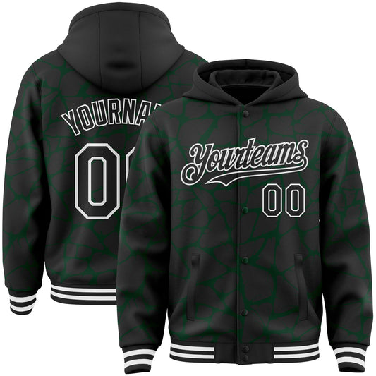 Custom Black Green-White Abstract Network Bomber Full-Snap Varsity Letterman Hoodie Jacket - Main View