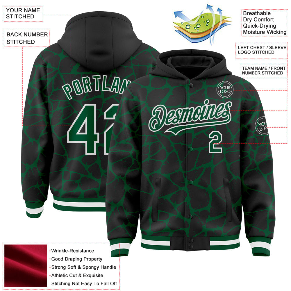 Custom Black Kelly Green-White Abstract Network Bomber Full-Snap Varsity Letterman Hoodie Jacket view 4