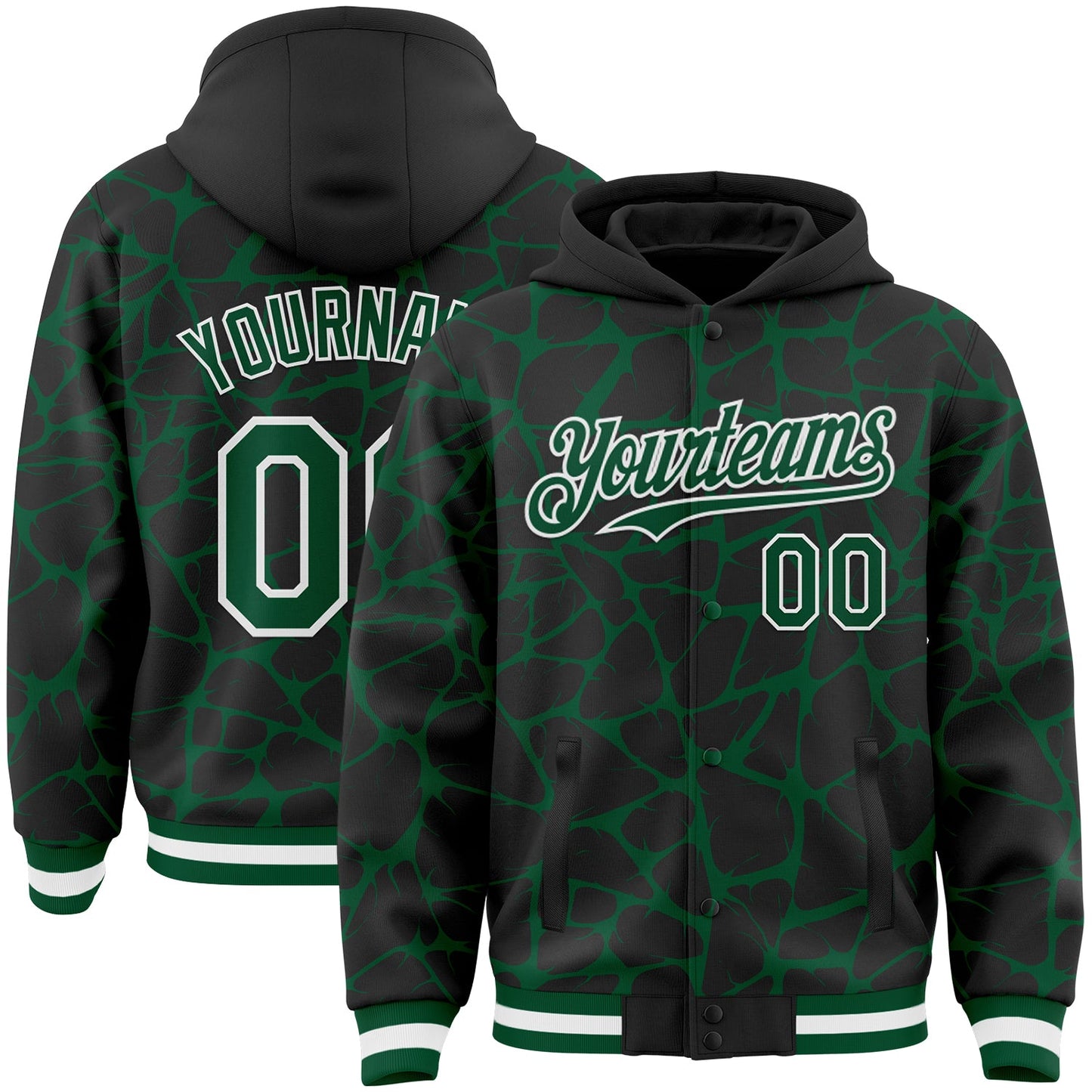 Custom Black Kelly Green-White Abstract Network Bomber Full-Snap Varsity Letterman Hoodie Jacket - Main View