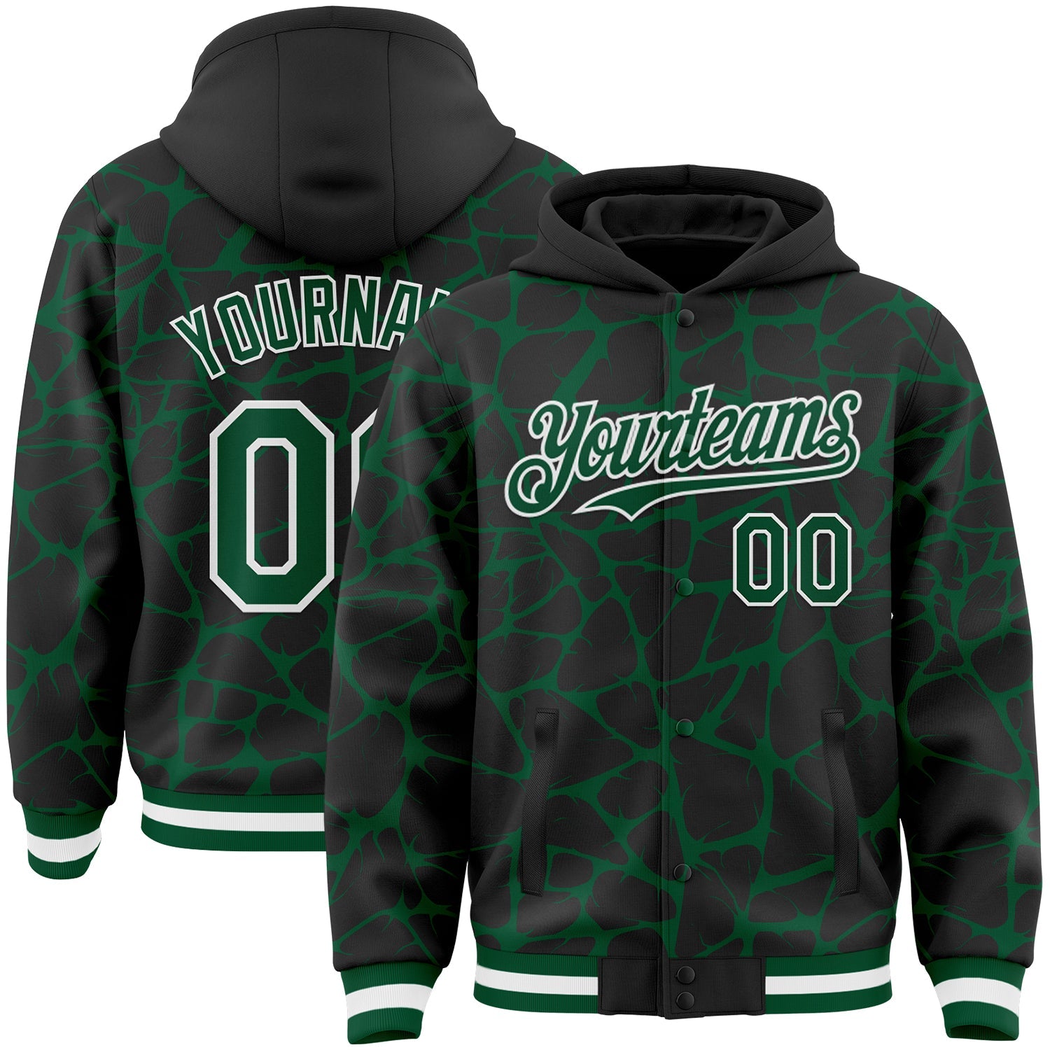Custom Black Kelly Green-White Abstract Network Bomber Full-Snap Varsity Letterman Hoodie Jacket - Main View