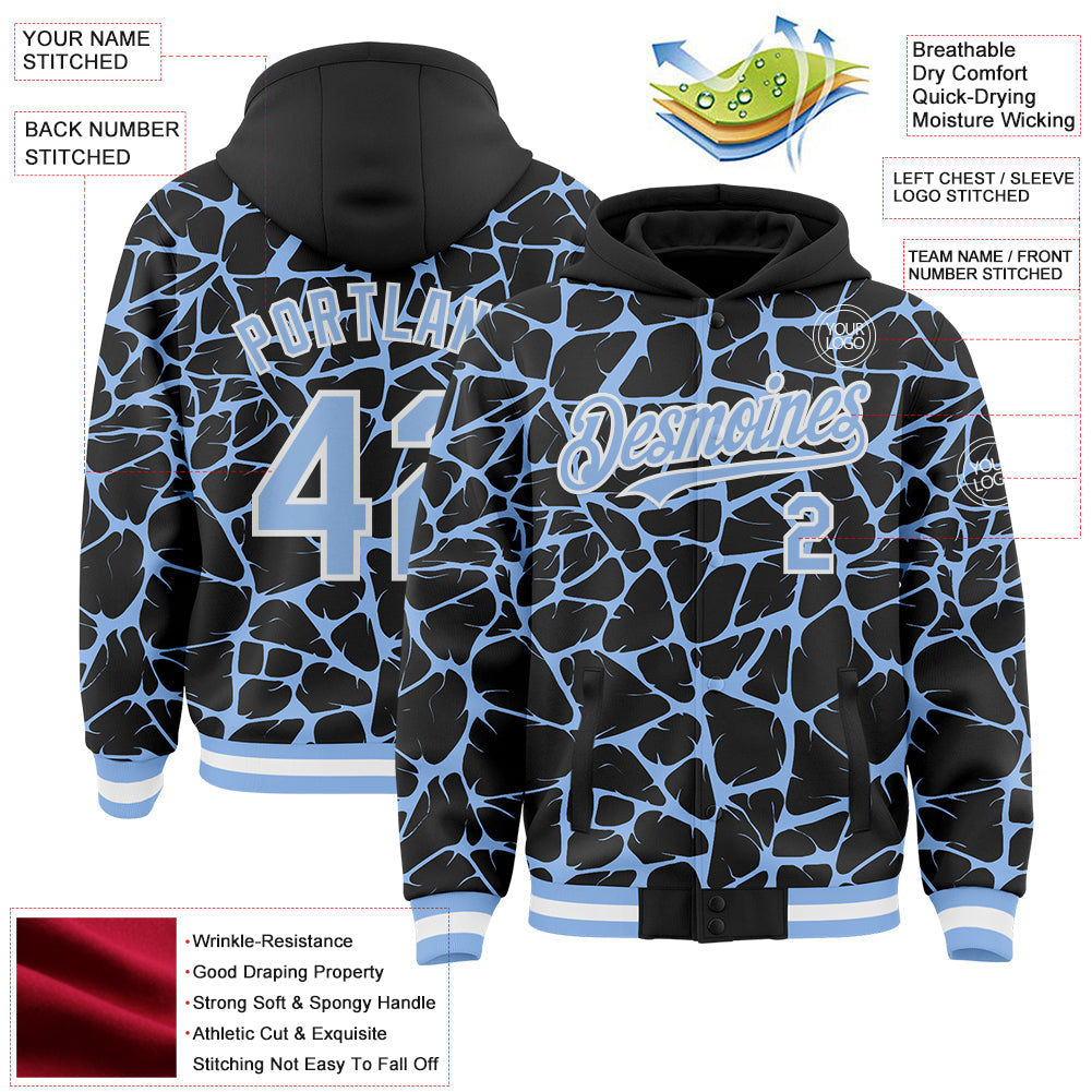 Custom Black Light Blue-White Abstract Network Bomber Full-Snap Varsity Letterman Hoodie Jacket view 4