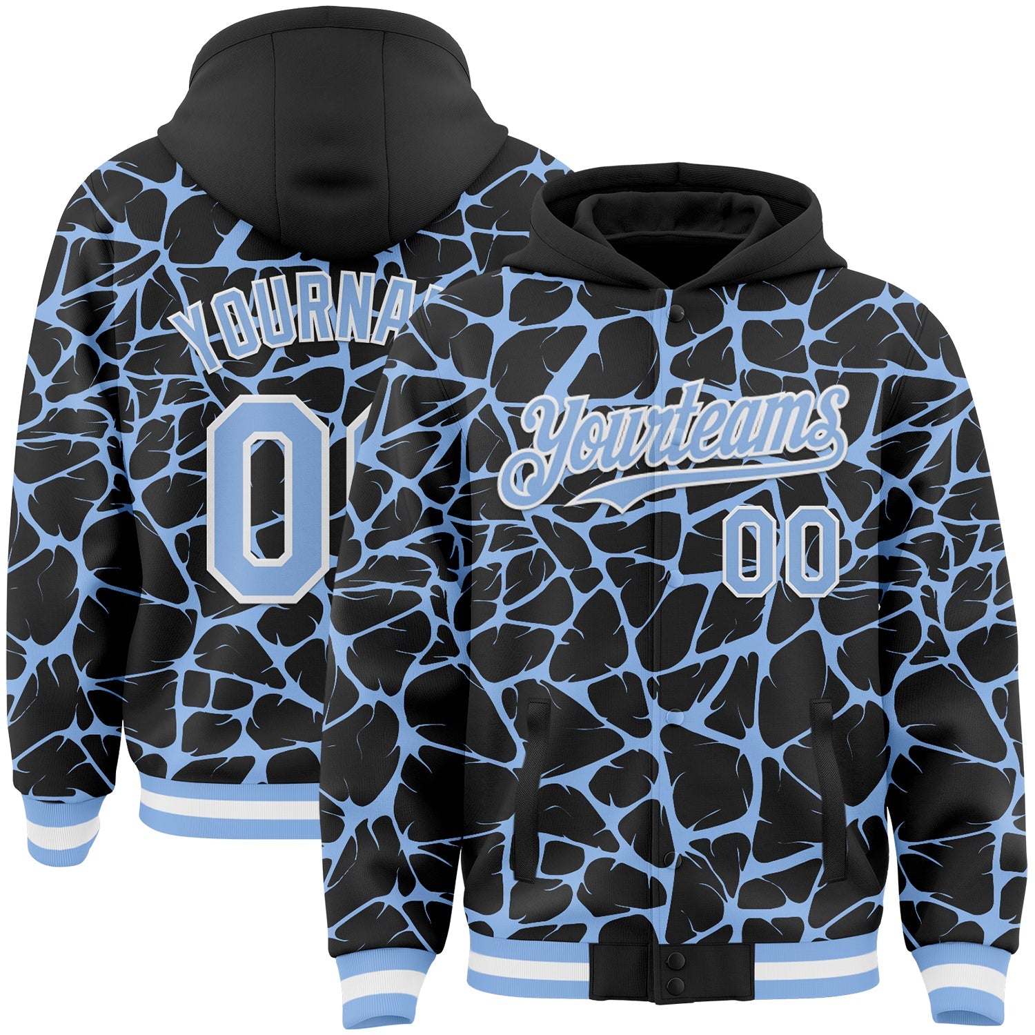Custom Black Light Blue-White Abstract Network Bomber Full-Snap Varsity Letterman Hoodie Jacket - Main View