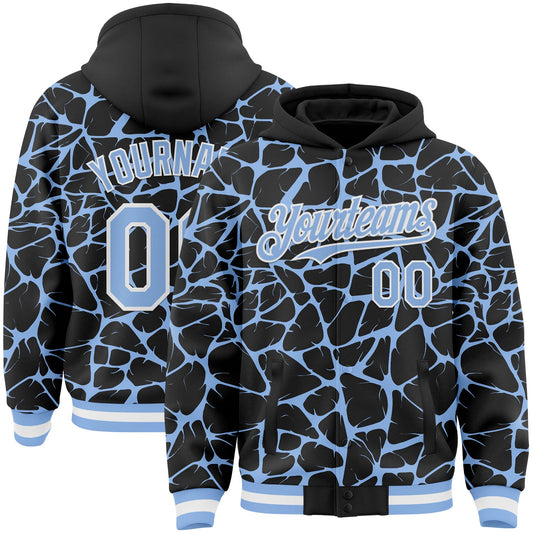 Custom Black Light Blue-White Abstract Network Bomber Full-Snap Varsity Letterman Hoodie Jacket - Main View