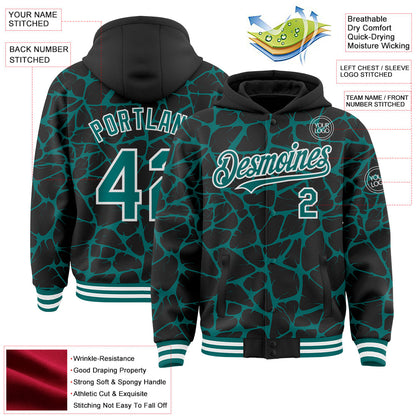 Custom Black Teal-White Abstract Network Bomber Full-Snap Varsity Letterman Hoodie Jacket view 4
