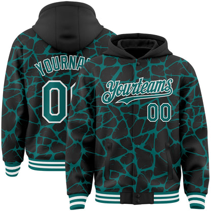 Custom Black Teal-White Abstract Network Bomber Full-Snap Varsity Letterman Hoodie Jacket - Main View