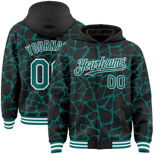 Custom Black Teal-White Abstract Network Bomber Full-Snap Varsity Letterman Hoodie Jacket - Main View
