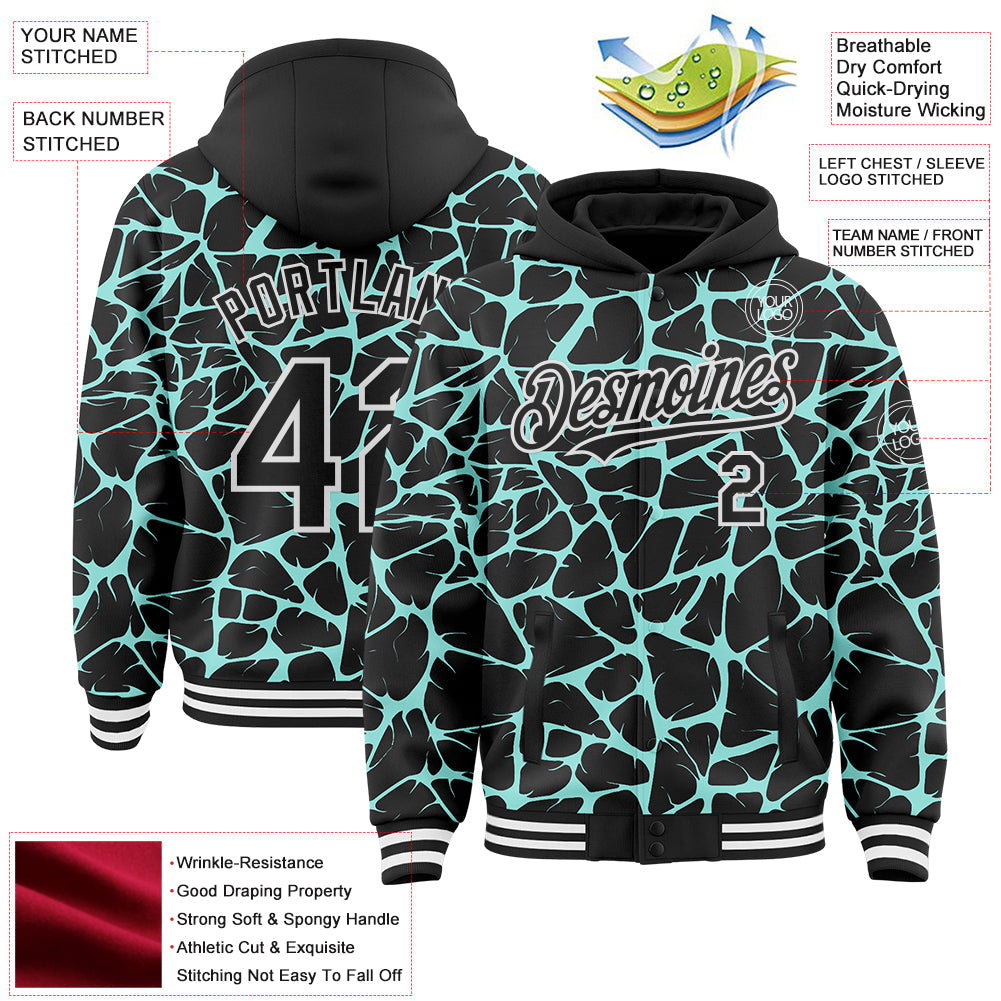 Custom Black Ice Blue-White Abstract Network Bomber Full-Snap Varsity Letterman Hoodie Jacket view 4