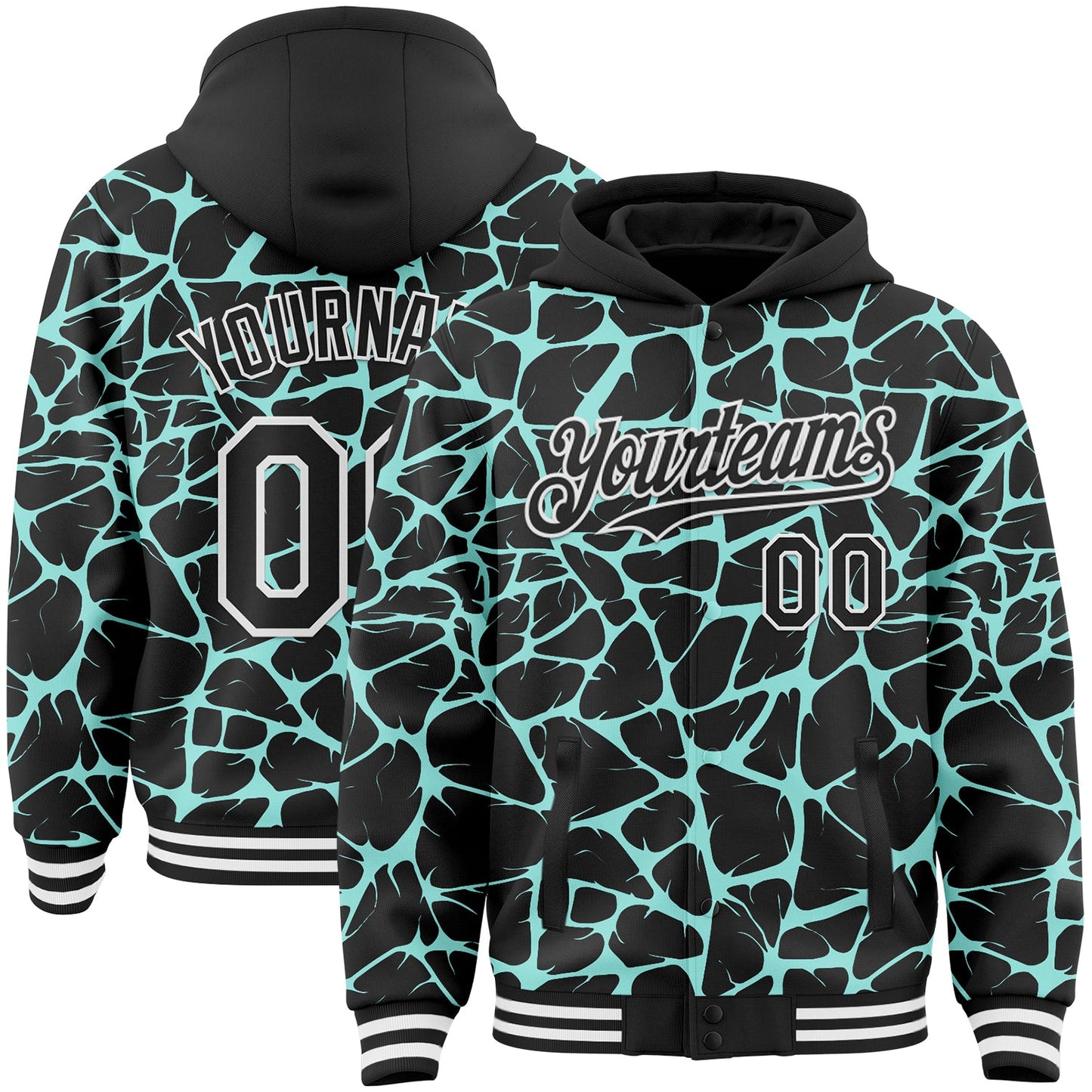 Custom Black Ice Blue-White Abstract Network Bomber Full-Snap Varsity Letterman Hoodie Jacket - Main View