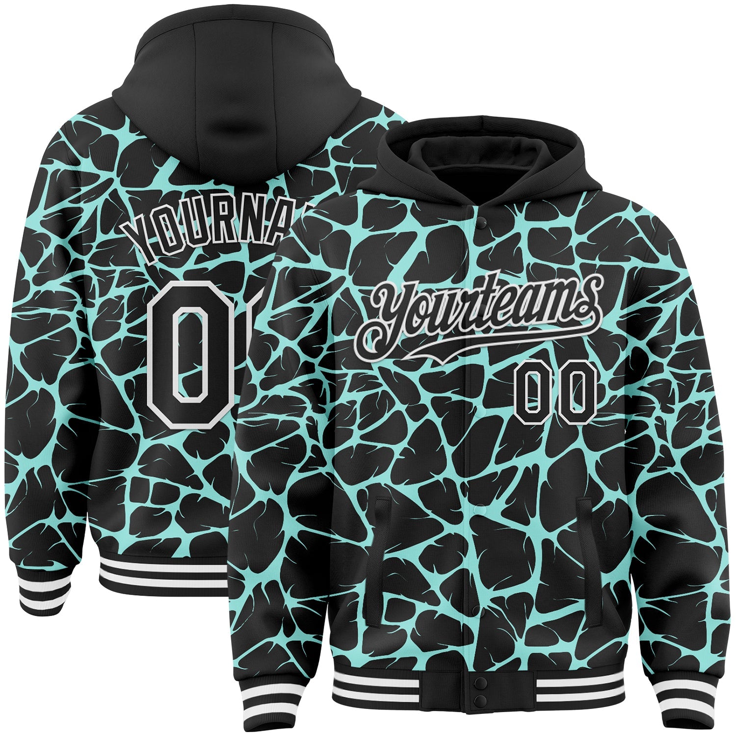 Custom Black Ice Blue-White Abstract Network Bomber Full-Snap Varsity Letterman Hoodie Jacket - Main View