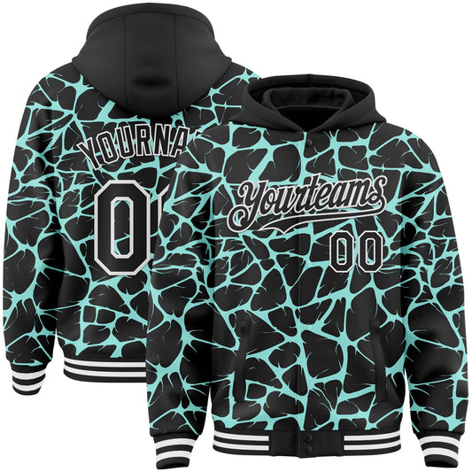 Custom Black Ice Blue-White Abstract Network Bomber Full-Snap Varsity Letterman Hoodie Jacket - Main View