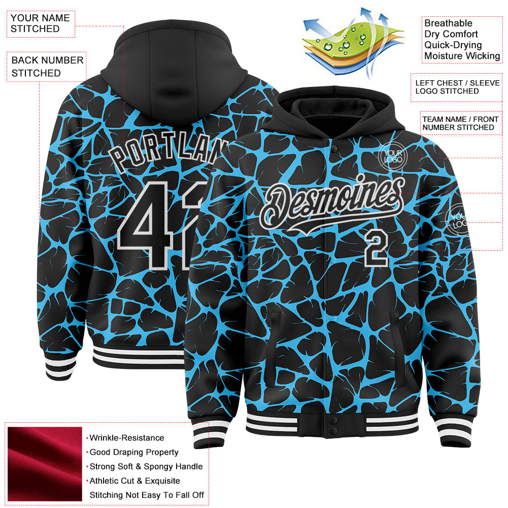 Custom Black Sky Blue-White Abstract Network Bomber Full-Snap Varsity Letterman Hoodie Jacket view 4