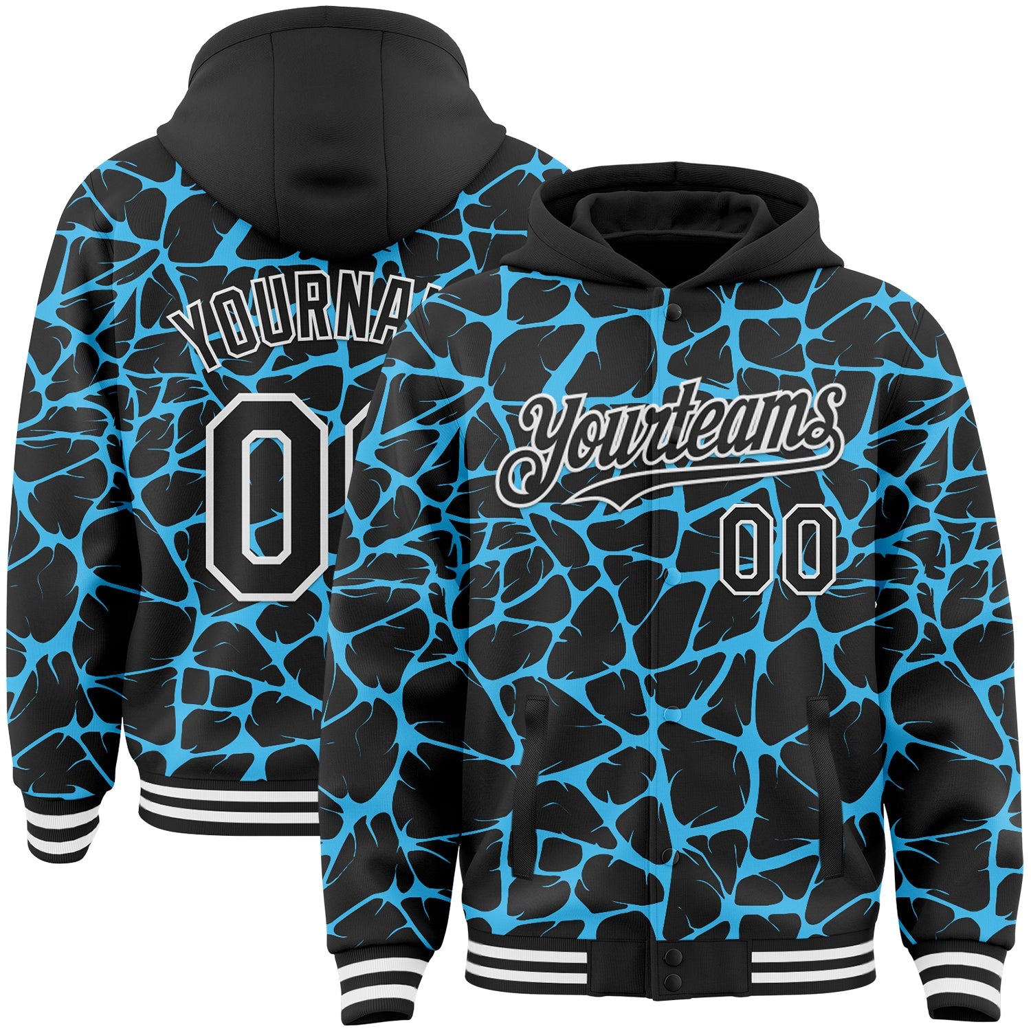 Custom Black Sky Blue-White Abstract Network Bomber Full-Snap Varsity Letterman Hoodie Jacket - Main View