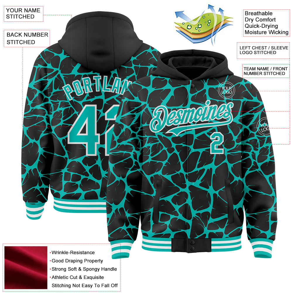 Custom Black Aqua-White Abstract Network Bomber Full-Snap Varsity Letterman Hoodie Jacket view 4