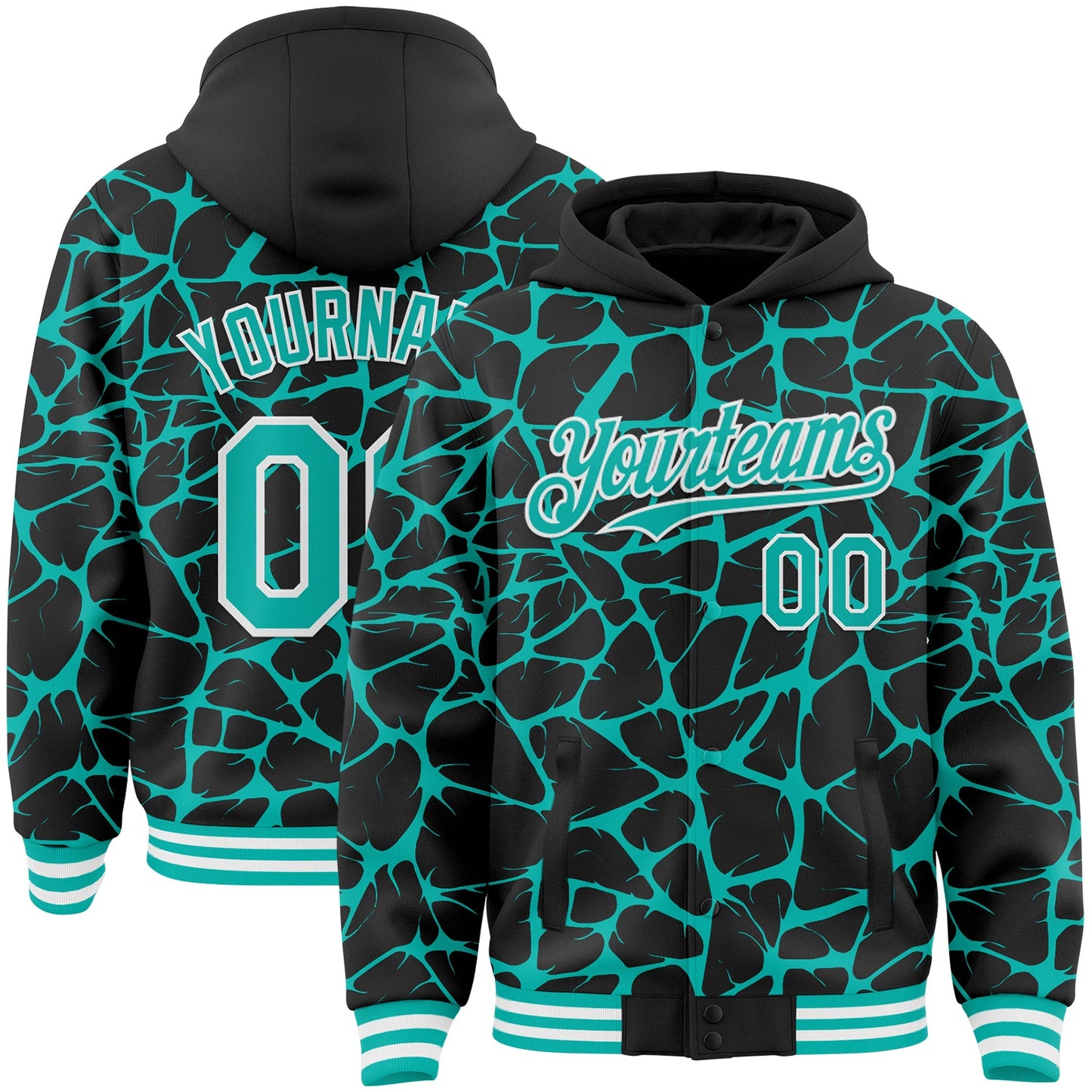 Custom Black Aqua-White Abstract Network Bomber Full-Snap Varsity Letterman Hoodie Jacket - Main View
