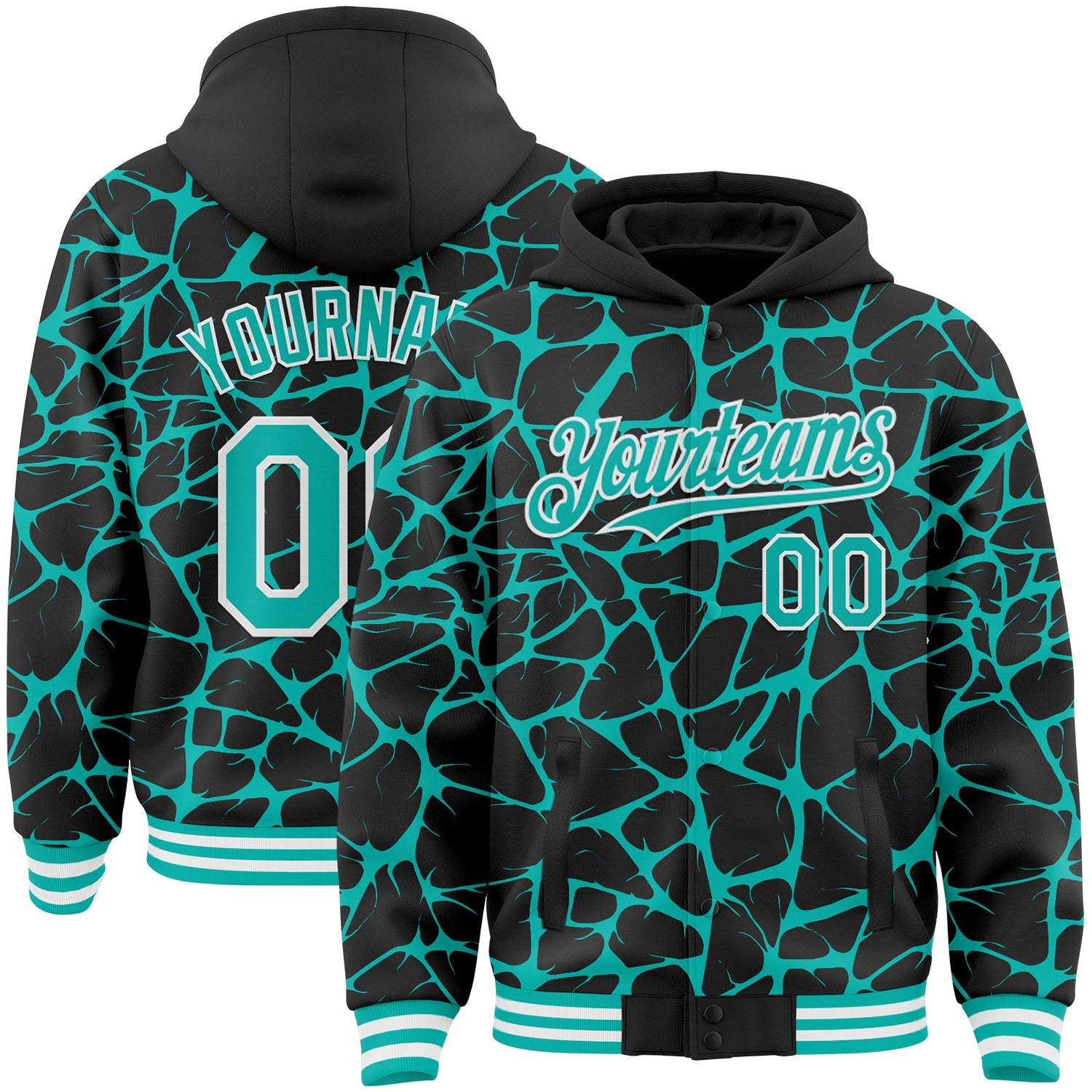 Custom Black Aqua-White Abstract Network Bomber Full-Snap Varsity Letterman Hoodie Jacket - Main View