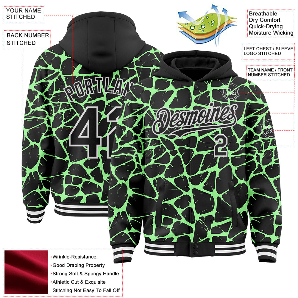 Custom Black Pea Green-White Abstract Network Bomber Full-Snap Varsity Letterman Hoodie Jacket view 4