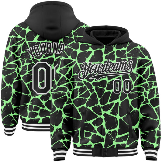 Custom Black Pea Green-White Abstract Network Bomber Full-Snap Varsity Letterman Hoodie Jacket - Main View