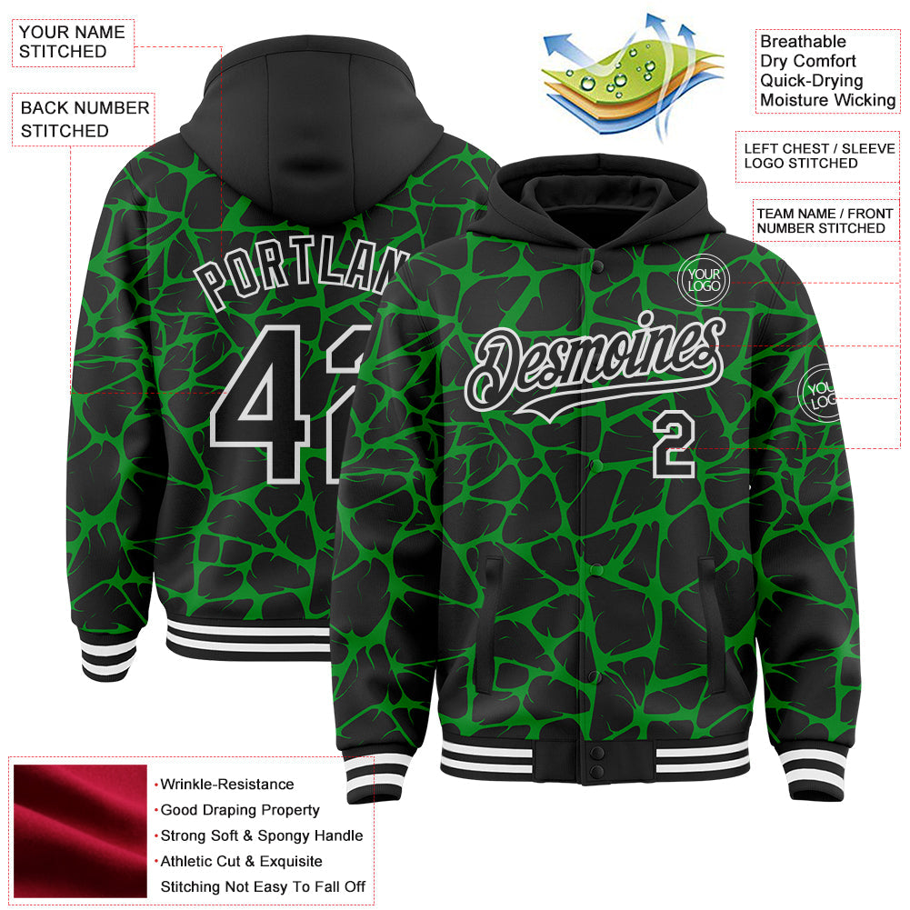 Custom Black Grass Green-White Abstract Network Bomber Full-Snap Varsity Letterman Hoodie Jacket view 4