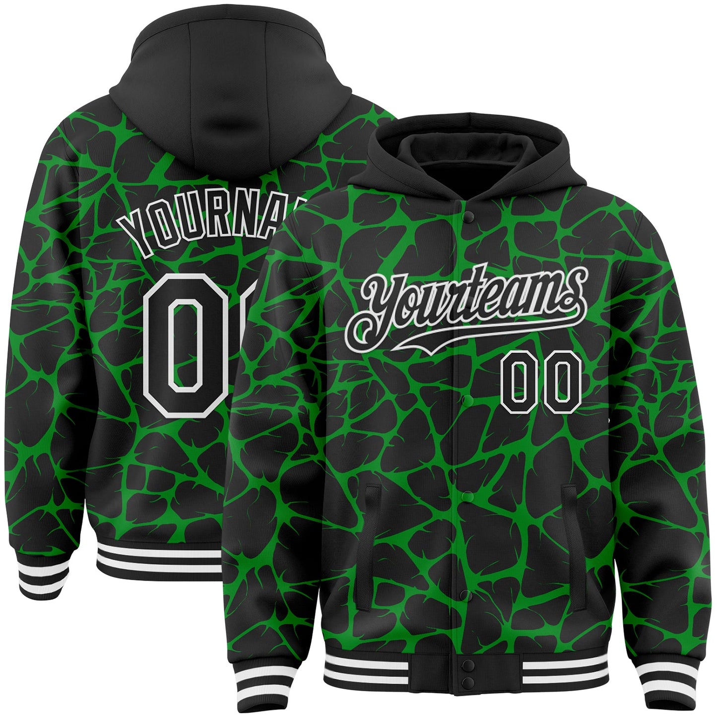 Custom Black Grass Green-White Abstract Network Bomber Full-Snap Varsity Letterman Hoodie Jacket - Main View