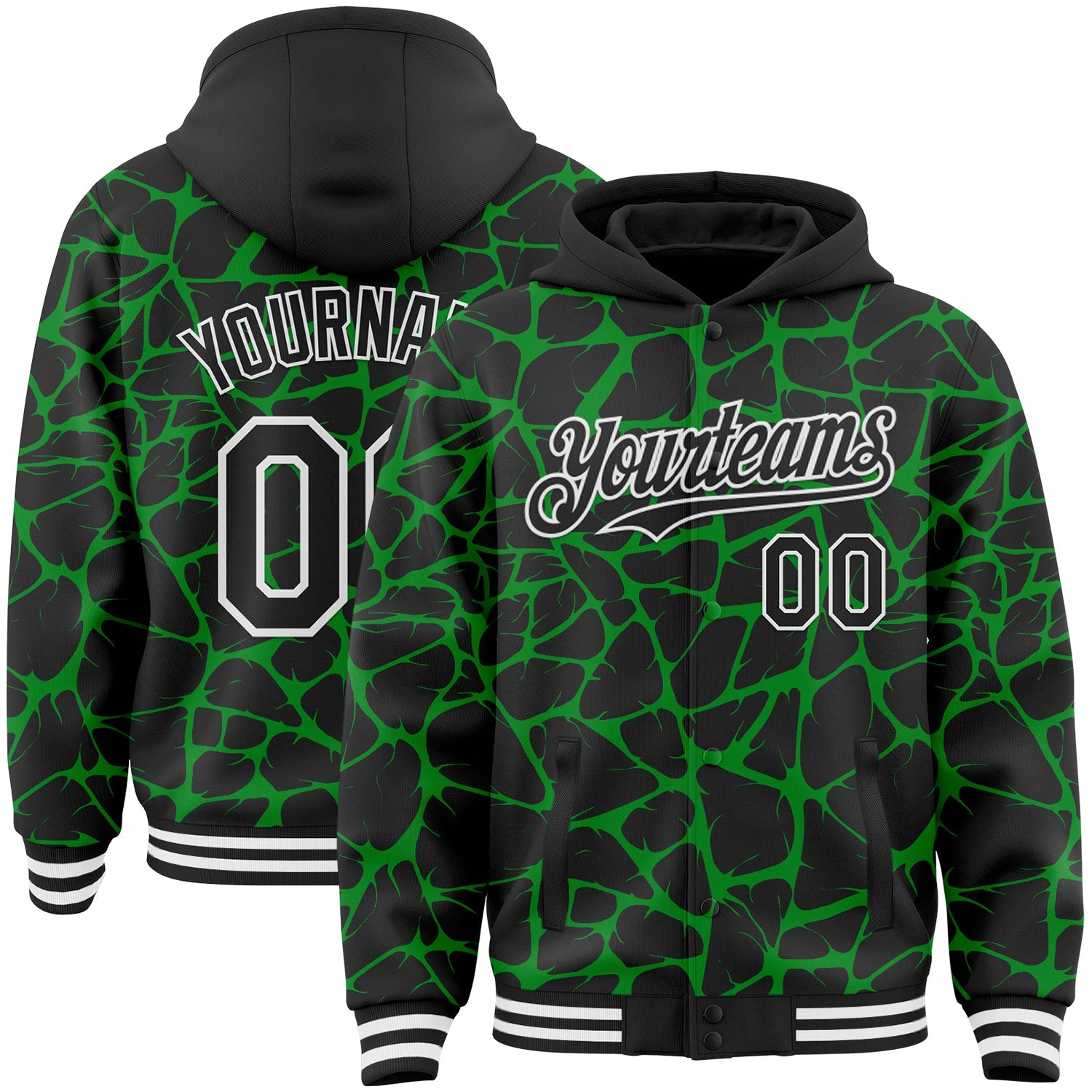 Custom Black Grass Green-White Abstract Network Bomber Full-Snap Varsity Letterman Hoodie Jacket - Main View