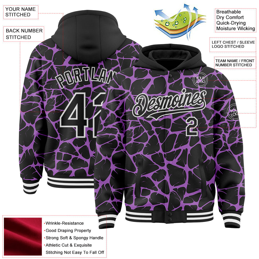 Custom Black Medium Purple-White Abstract Network Bomber Full-Snap Varsity Letterman Hoodie Jacket view 4