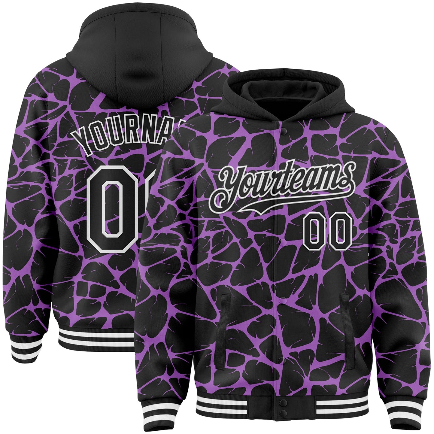 Custom Black Medium Purple-White Abstract Network Bomber Full-Snap Varsity Letterman Hoodie Jacket - Main View