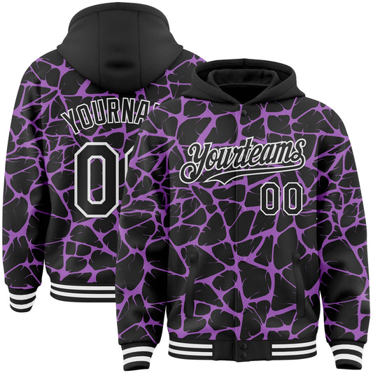 Custom Black Medium Purple-White Abstract Network Bomber Full-Snap Varsity Letterman Hoodie Jacket - Main View