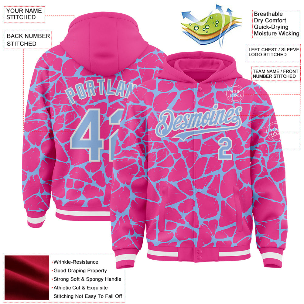 Custom Pink Light Blue-White Abstract Network Bomber Full-Snap Varsity Letterman Hoodie Jacket view 4