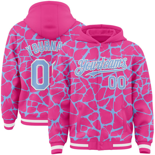 Custom Pink Light Blue-White Abstract Network Bomber Full-Snap Varsity Letterman Hoodie Jacket - Main View