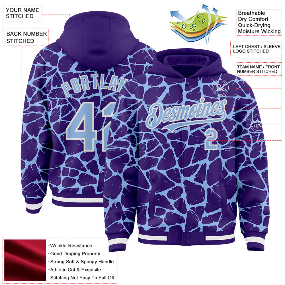 Custom Purple Light Blue-White Abstract Network Bomber Full-Snap Varsity Letterman Hoodie Jacket view 4
