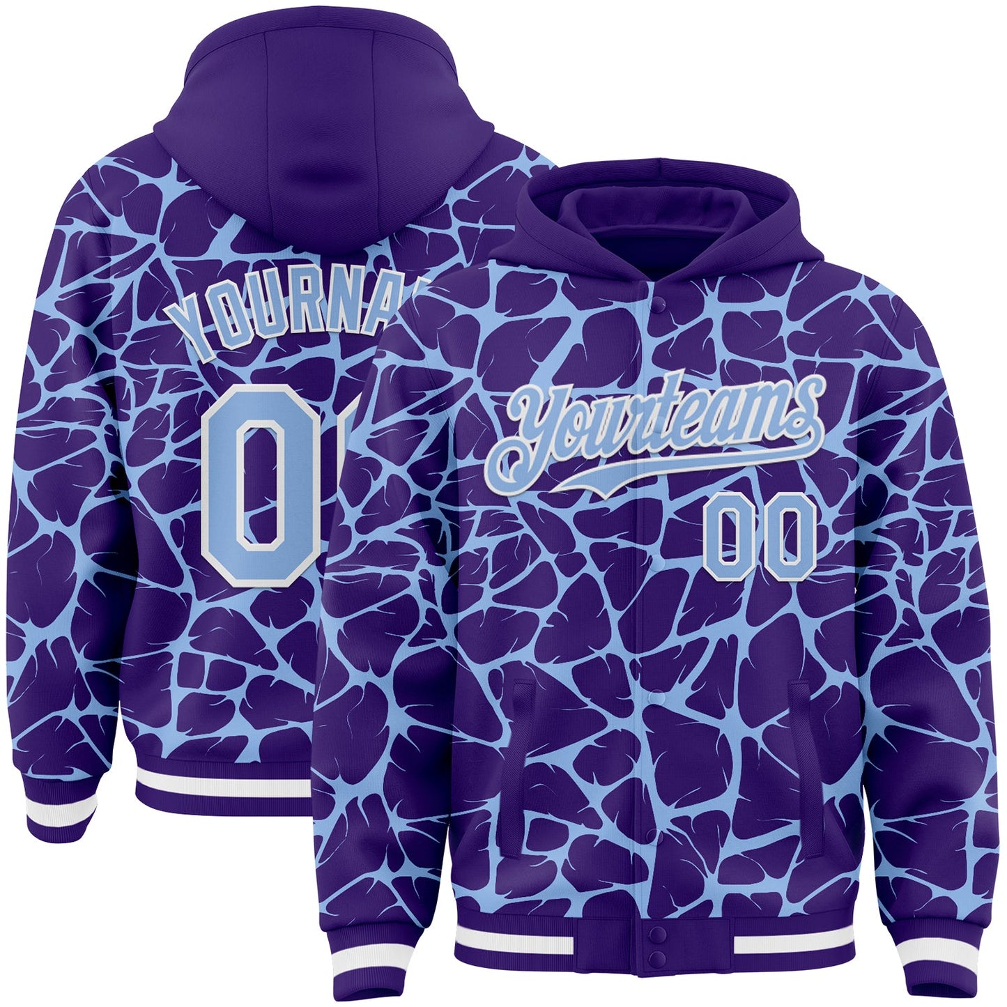 Custom Purple Light Blue-White Abstract Network Bomber Full-Snap Varsity Letterman Hoodie Jacket - Main View