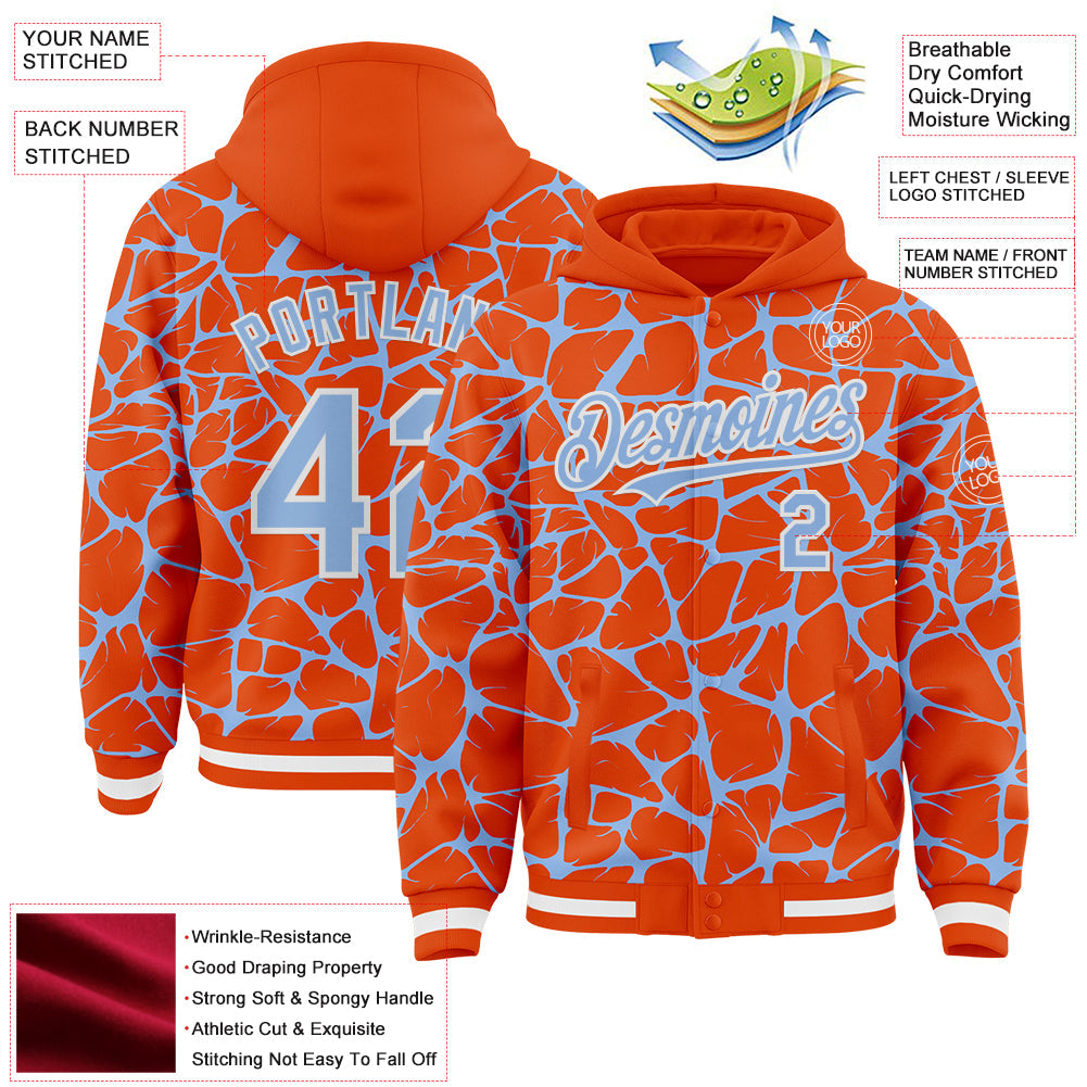 Custom Orange Light Blue-White Abstract Network Bomber Full-Snap Varsity Letterman Hoodie Jacket view 4