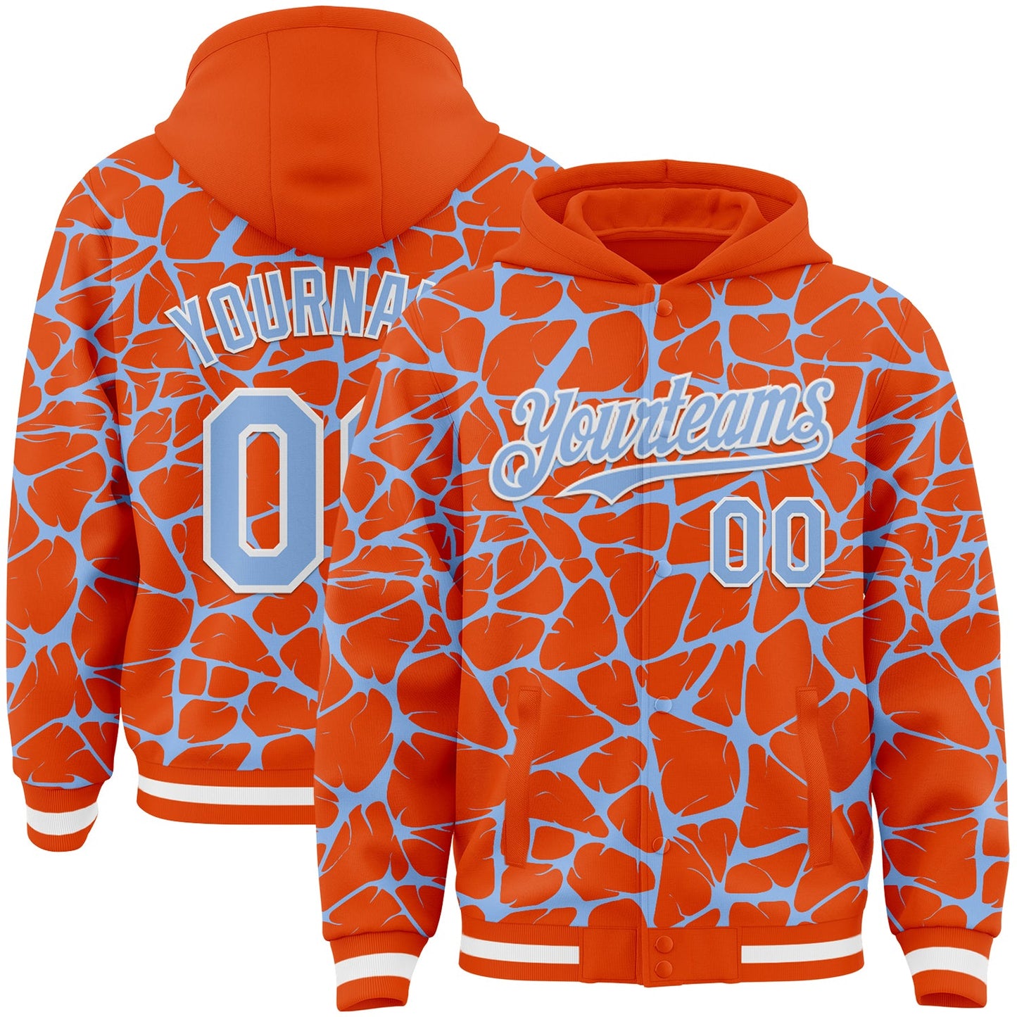Custom Orange Light Blue-White Abstract Network Bomber Full-Snap Varsity Letterman Hoodie Jacket - Main View