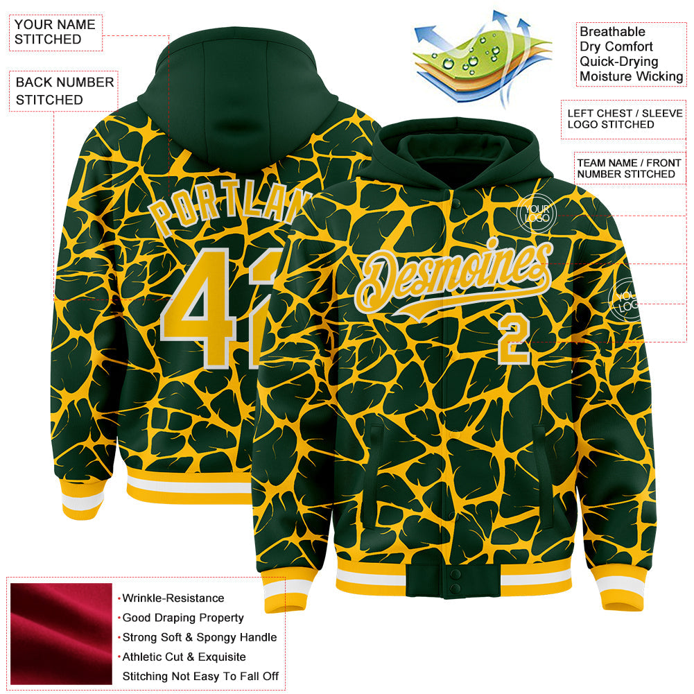 Custom Green Gold-White Abstract Network Bomber Full-Snap Varsity Letterman Hoodie Jacket view 4