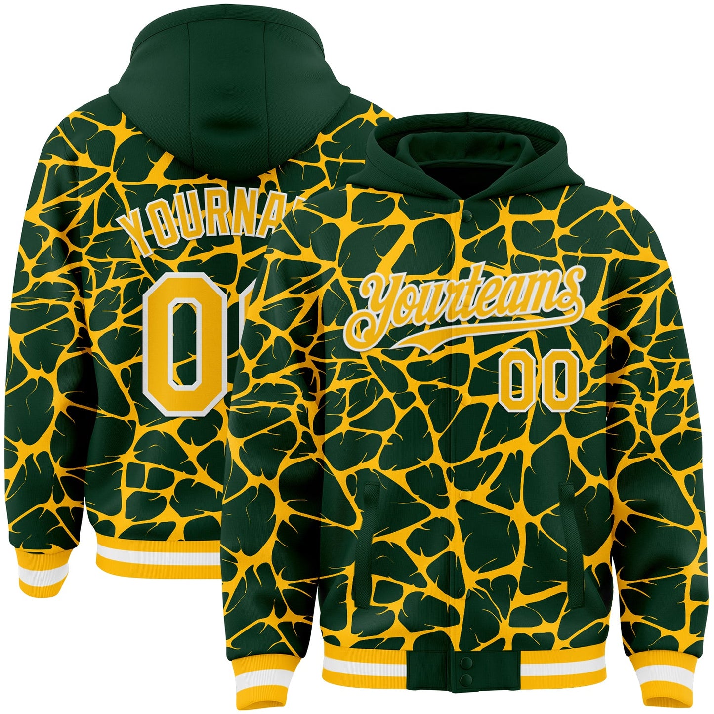 Custom Green Gold-White Abstract Network Bomber Full-Snap Varsity Letterman Hoodie Jacket - Main View