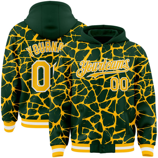 Custom Green Gold-White Abstract Network Bomber Full-Snap Varsity Letterman Hoodie Jacket - Main View