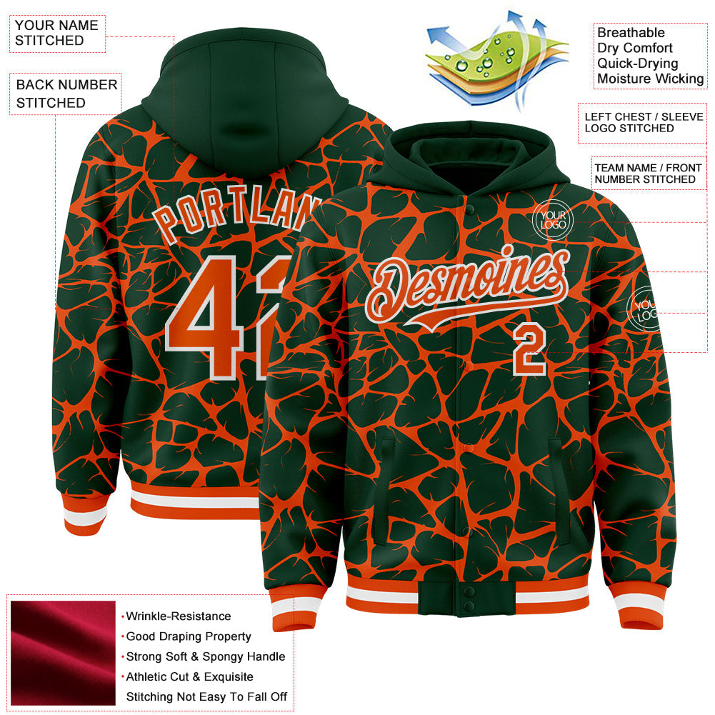 Custom Green Orange-White Abstract Network Bomber Full-Snap Varsity Letterman Hoodie Jacket view 4