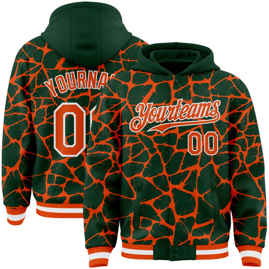 Custom Green Orange-White Abstract Network Bomber Full-Snap Varsity Letterman Hoodie Jacket - Main View
