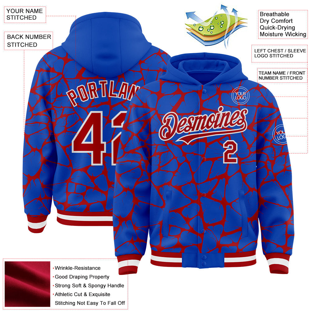 Custom Thunder Blue Red-White Abstract Network Bomber Full-Snap Varsity Letterman Hoodie Jacket view 4