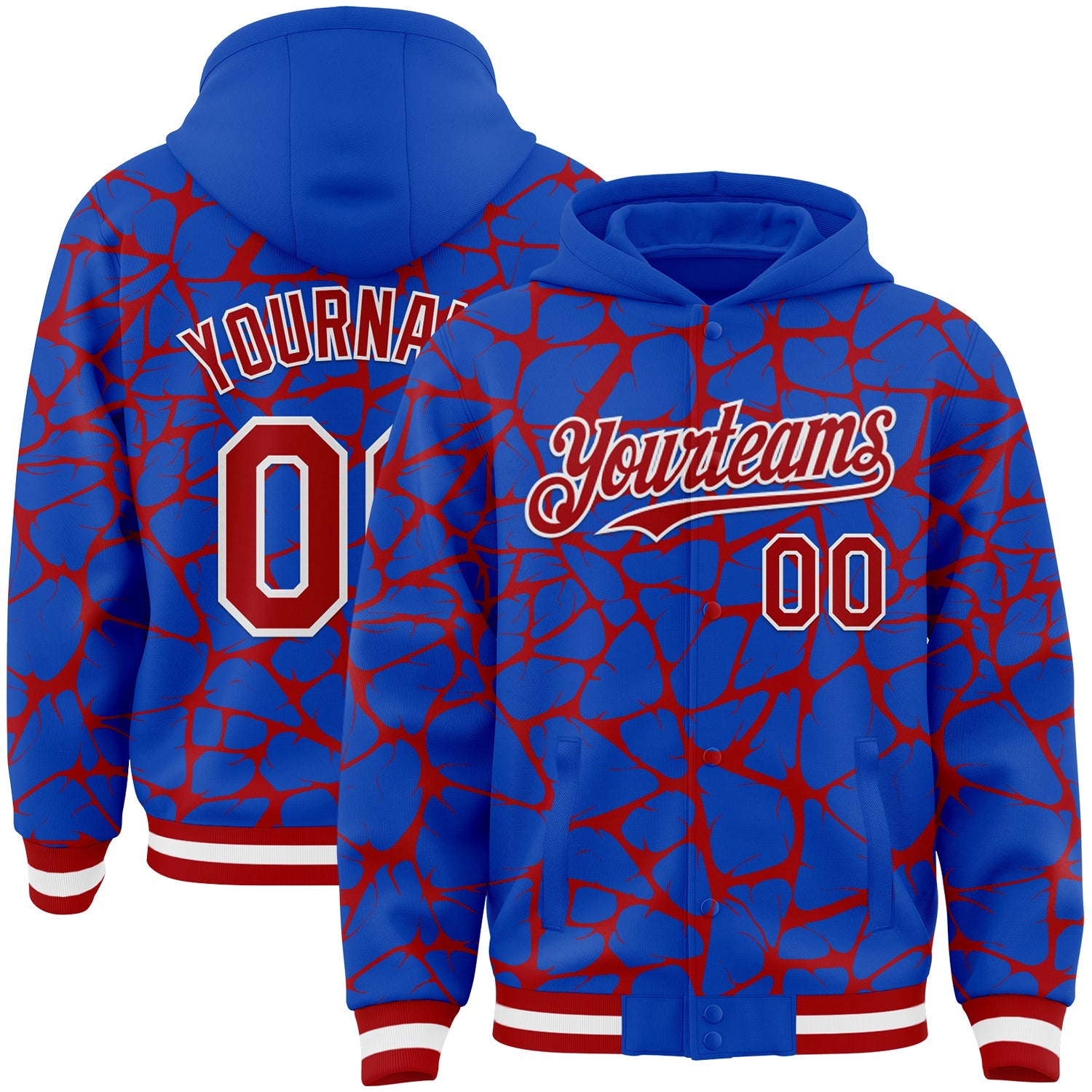 Custom Thunder Blue Red-White Abstract Network Bomber Full-Snap Varsity Letterman Hoodie Jacket - Main View