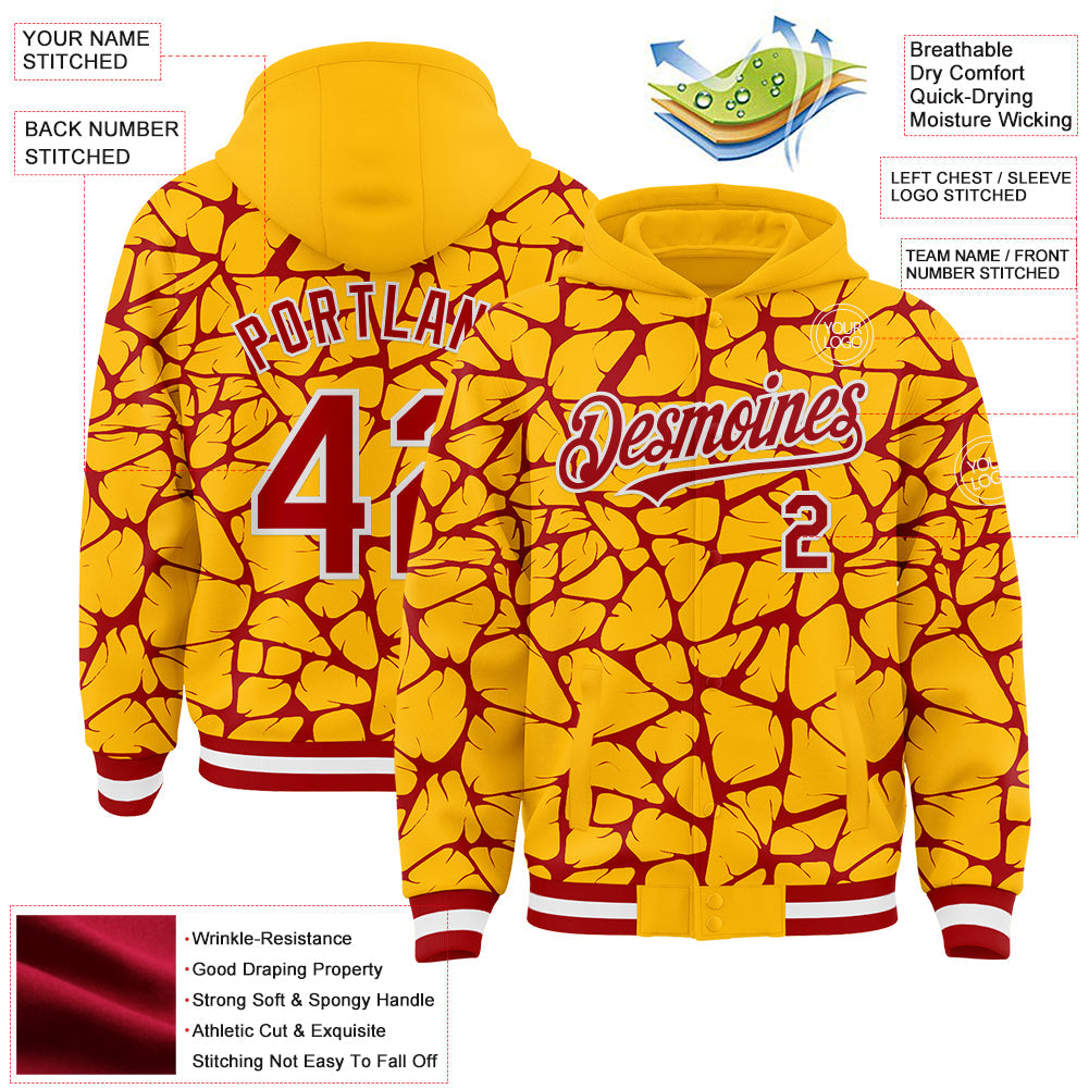 Custom Gold Red-White Abstract Network Bomber Full-Snap Varsity Letterman Hoodie Jacket view 4