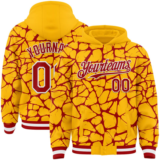 Custom Gold Red-White Abstract Network Bomber Full-Snap Varsity Letterman Hoodie Jacket - Main View